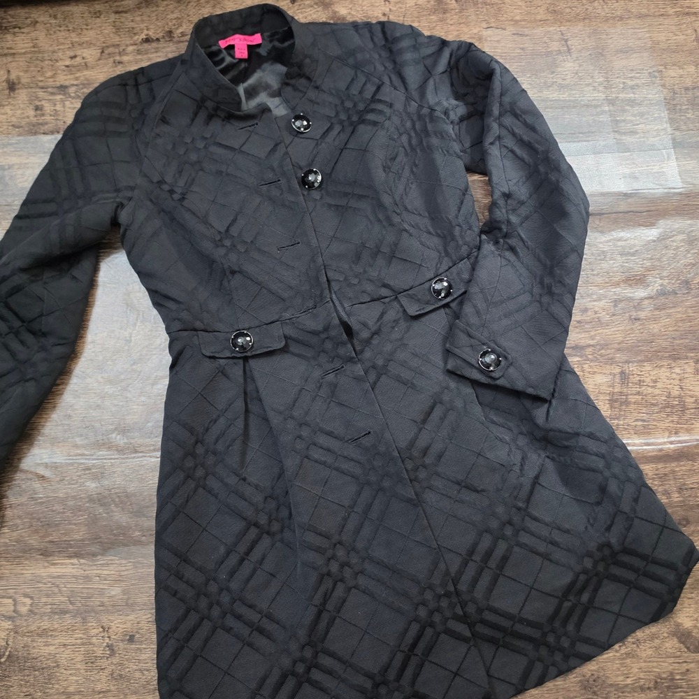 BETSEY JOHNSON Textured Plaid Coat Womens 8 Black Jewel Button Longline Jacket